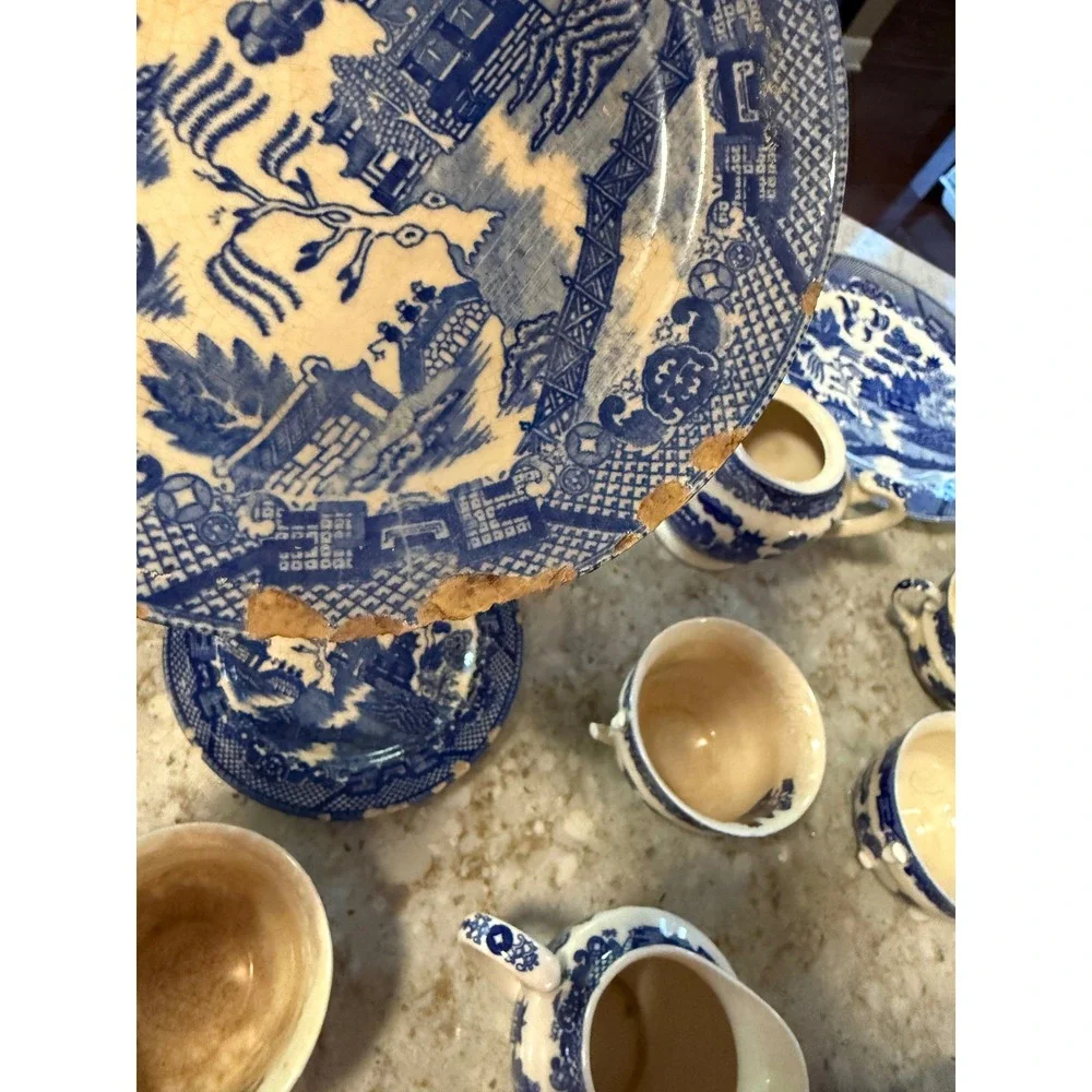 Vintage Blue Willow Tea Set Occupied Japan Blue White Transferware 18pc As-Is